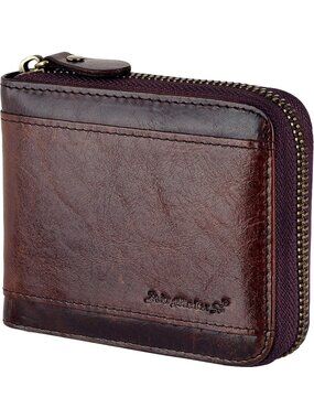 〽️Men Brown Leather RFID Blocking Wallets Zipper Bifold RFID Card Holder